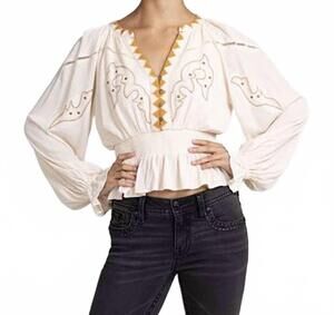 NEW MISS ME women's long puff sleeve knit top in beige